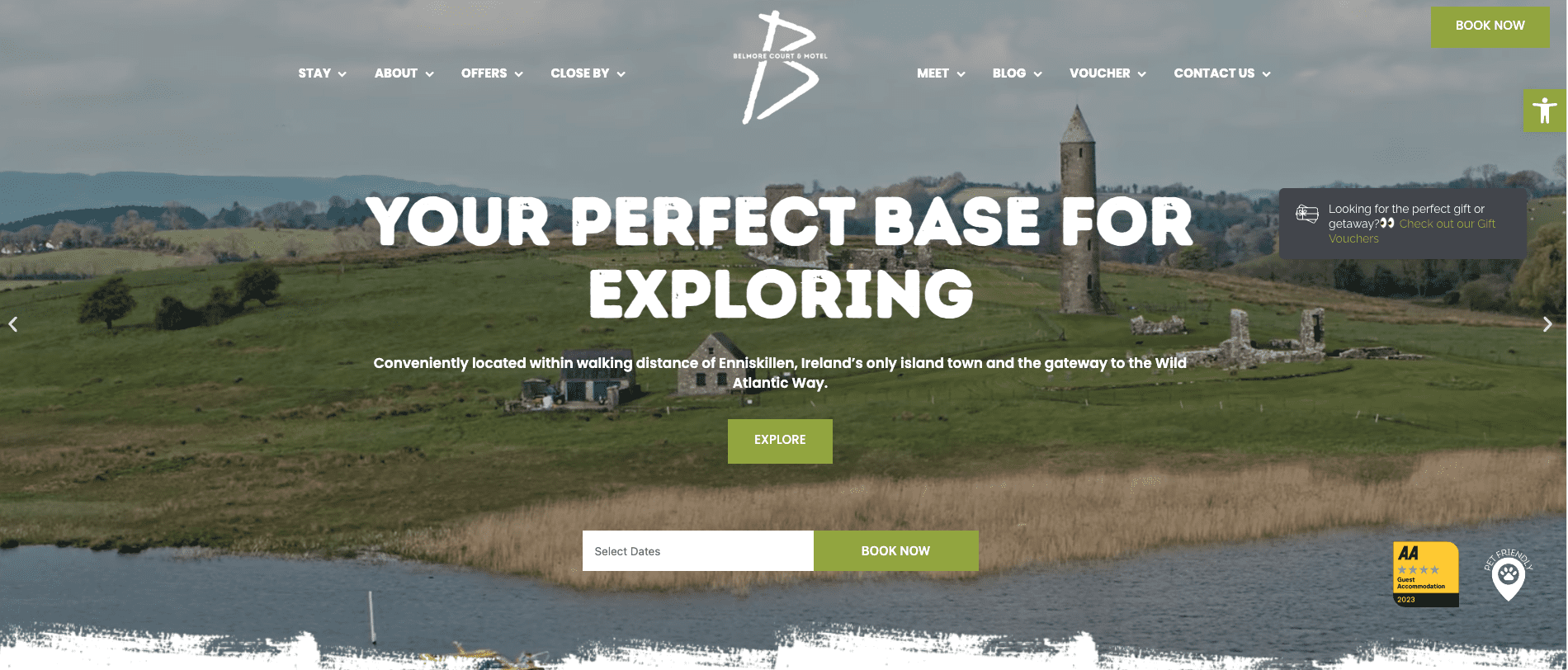 Belmore Court & Hotel website homepage featuring an Irish countryside landscape, the text Your Perfect Base for Exploring, and navigation buttons, crafted by a web design agency in Northern Ireland.