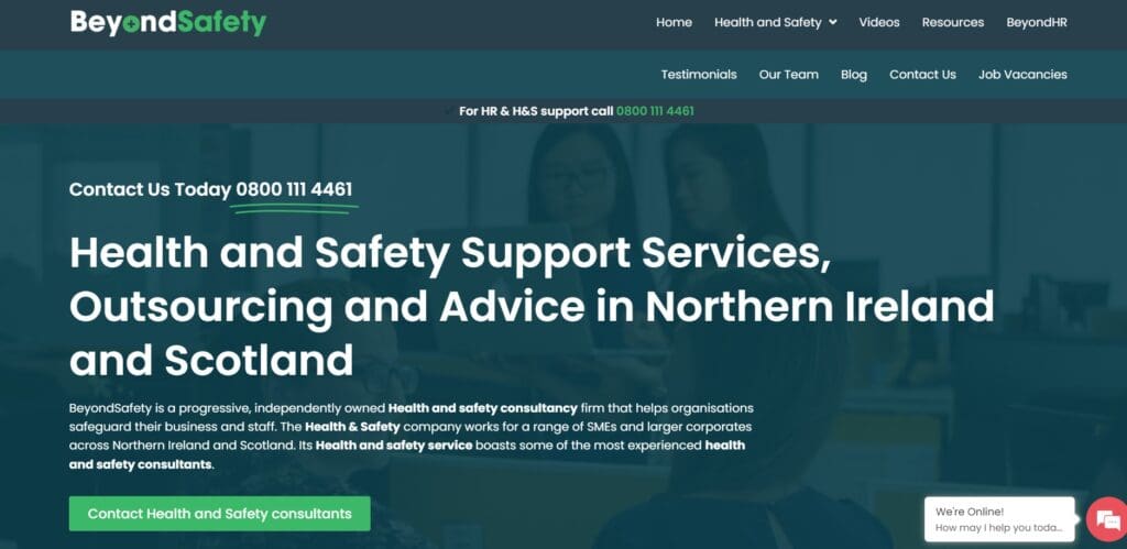 BeyondSafety website homepage by a web design agency in Northern Ireland, featuring health and safety support services, a contact telephone number, and a live chat widget.