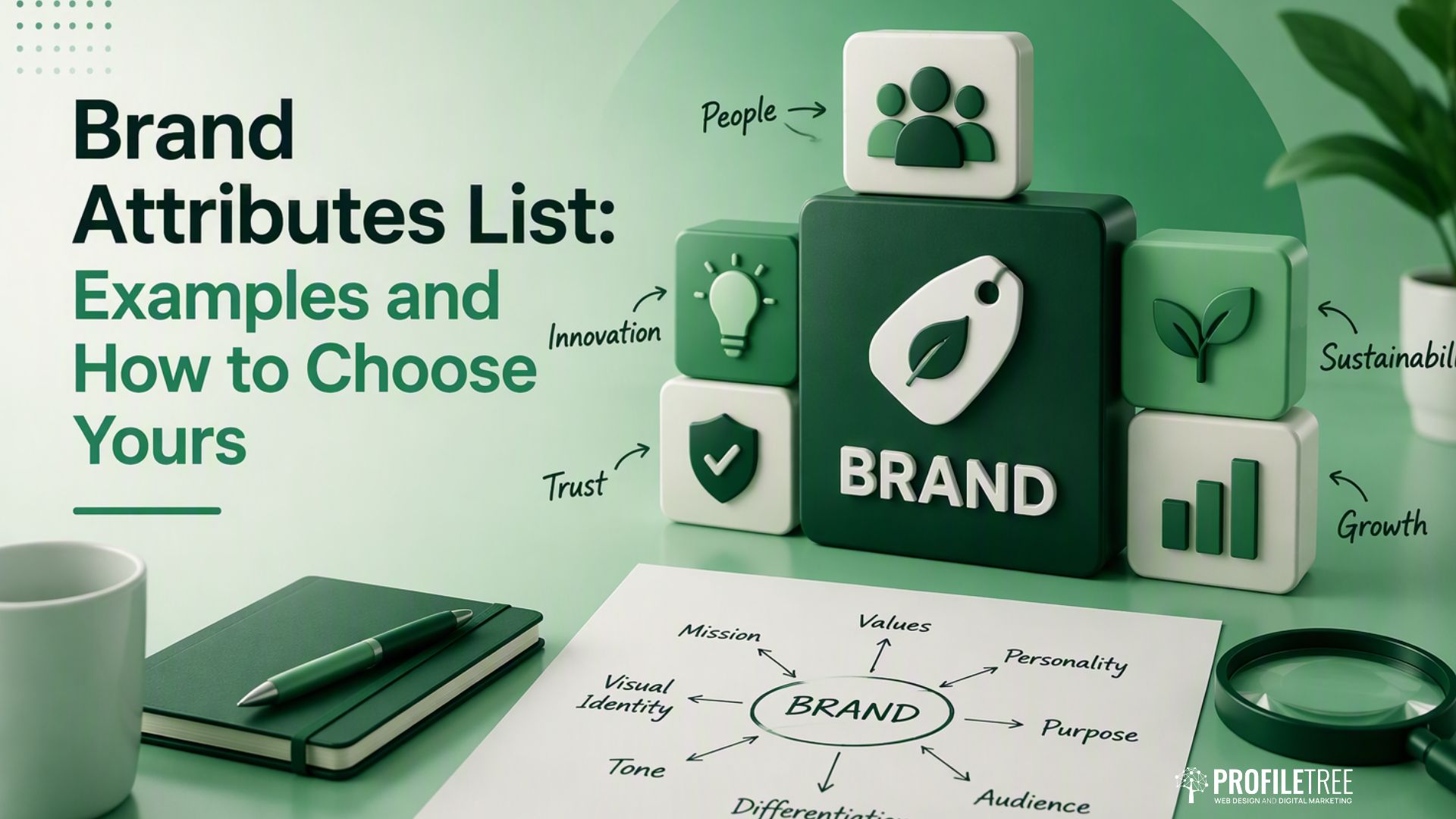 Infographic titled Brand Attributes List: Examples and How to Choose Yours, featuring a diagram of business concepts and 3D icons representing people, innovation, trust, sustainability, and growth.