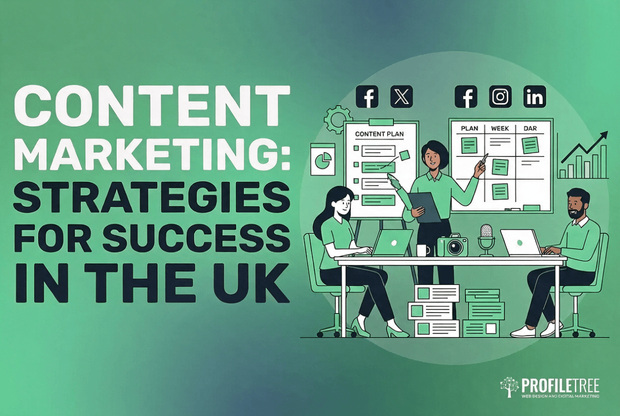 Three people collaborate on content marketing plans in an office, using laptops and documents. Social media icons and charts appear, with bold text: CONTENT MARKETING SERVICES: STRATEGIES FOR SUCCESS IN THE UK.