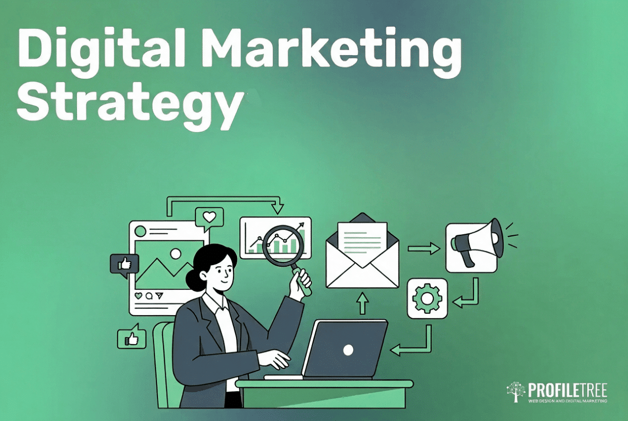 Illustration of a person at a laptop with digital icons like graphs, mail, social media, and a megaphone on a green background. Large text reads Digital Marketing Strategy, highlighting an effective digital strategy.
