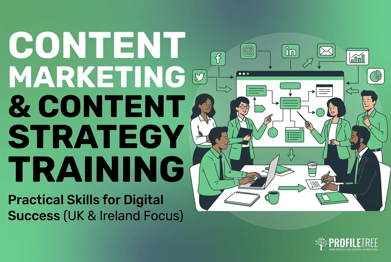 Illustration of business people discussing strategy at a table, with digital icons above. Text: Content Marketing & Digital Training—Practical Skills for Digital Success (UK & Ireland Focus).