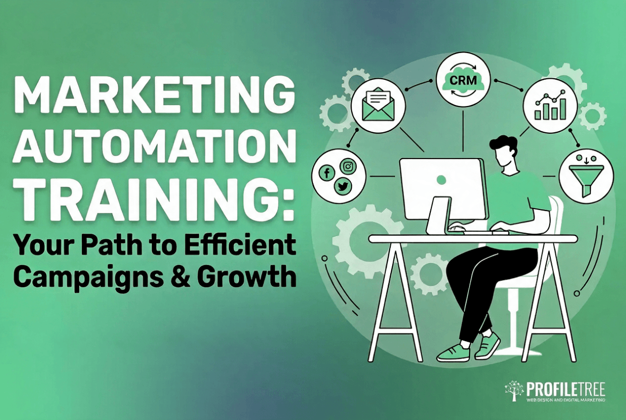 A person at a desk works on a computer with marketing icons above. Text reads, Digital Marketing Training: Your Path to Efficient Campaigns & Growth. ProfileTree logo in the corner. Green gradient background. Digital Training