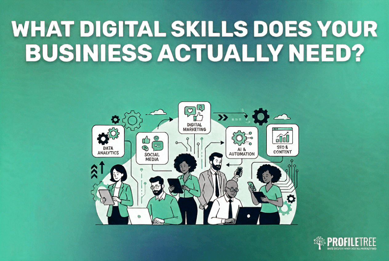 Six people use laptops and tablets beneath icons labelled Digital Marketing, Data Analytics, Social Media, AI & Automation, and SEO & Content, highlighting the importance of digital training for your business.