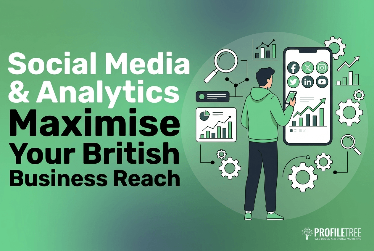 A person looks at charts and social media icons with the text: Social Media & Analytics – Maximise Your British Business Reach with digital training. The ProfileTree logo is in the bottom right corner.