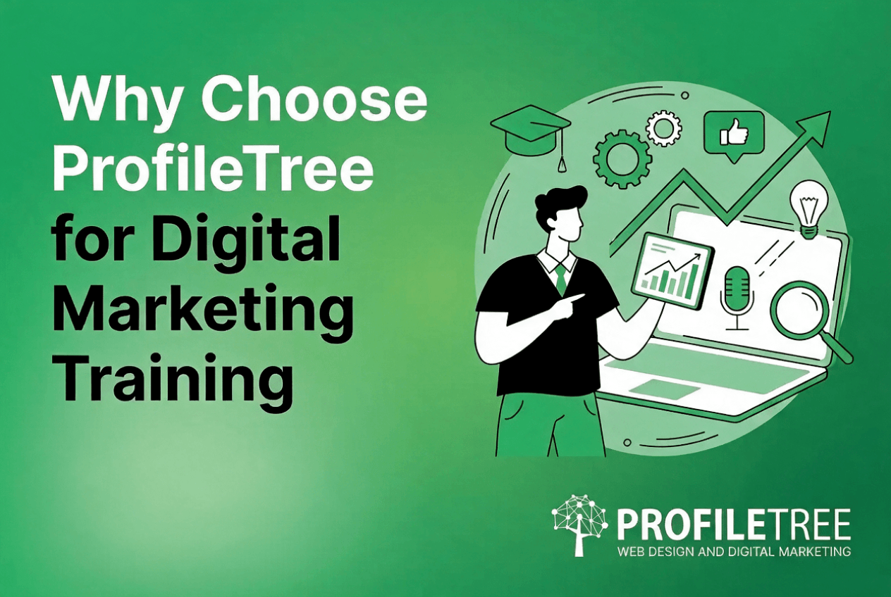 A digital illustration promoting ProfileTree’s digital training, featuring a person pointing at graphs on a screen with text reading Why Choose ProfileTree for Digital Training.
