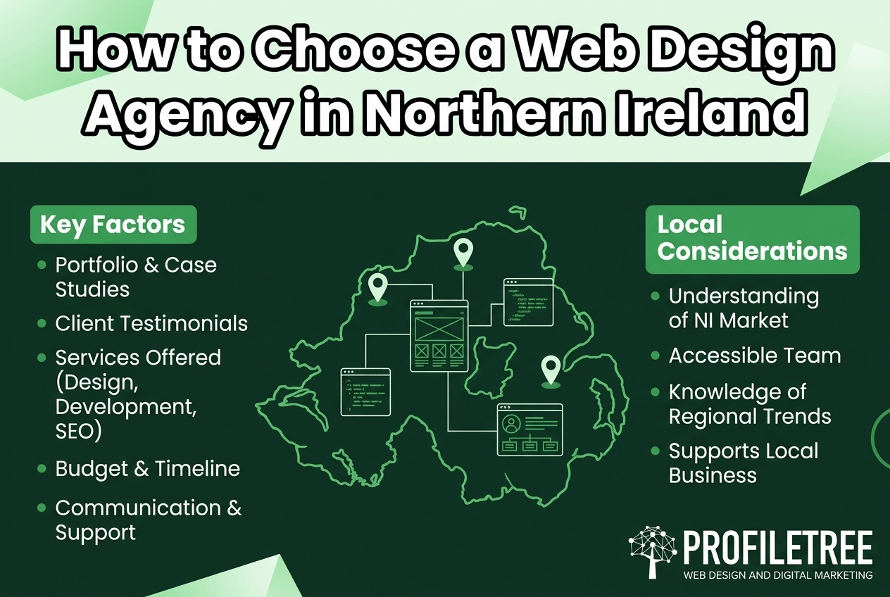 Infographic titled How to Choose a Web Design Agency in Northern Ireland, listing key factors alongside a map of Northern Ireland connected to web design interface icons to showcase Web Design Services Across Northern Ireland.