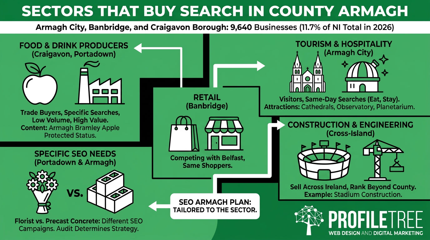 Infographic titled Sectors that Buy Search in County Armagh, illustrating the SEO needs of food and drink, tourism, retail, construction, and specialised businesses seeking SEO Armagh.