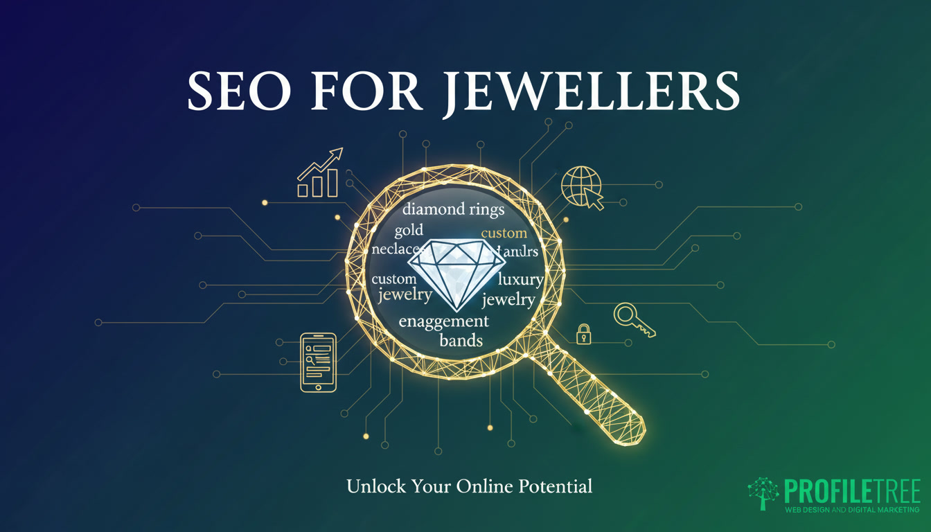 SEO for jewellers graphic featuring a magnifying glass over a diamond icon surrounded by jewellery website keywords, with digital circuit line accents and the ProfileTree logo.
