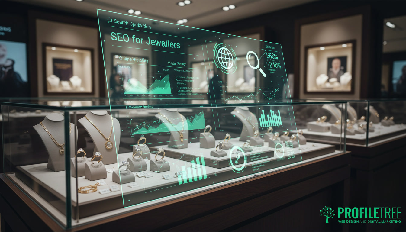 A digital interface showing SEO for jewellers data floats above a glass display case filled with necklaces, rings, and bracelets.