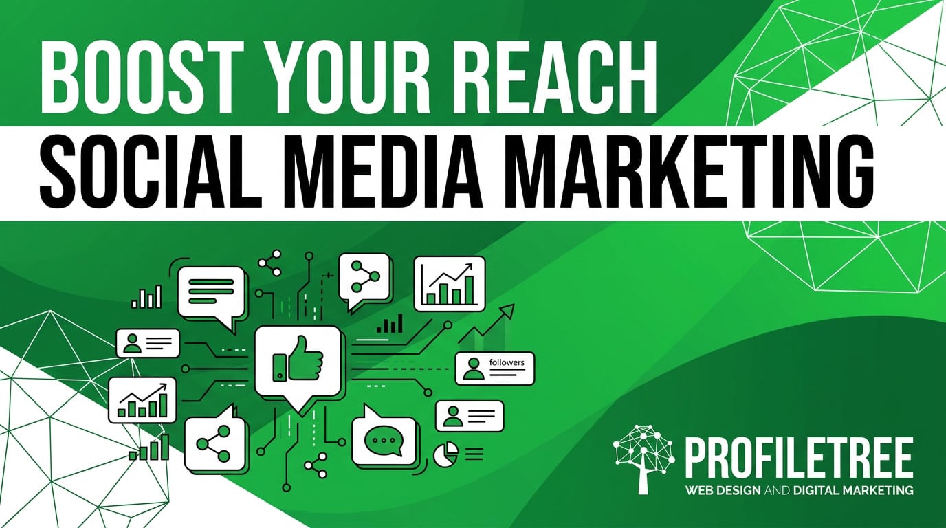 Graphic titled Boost Your Reach Social Media Marketing featuring icons for engagement, analytics, and messaging, with the Profiletree logo; a resource for digital marketing and organic social.