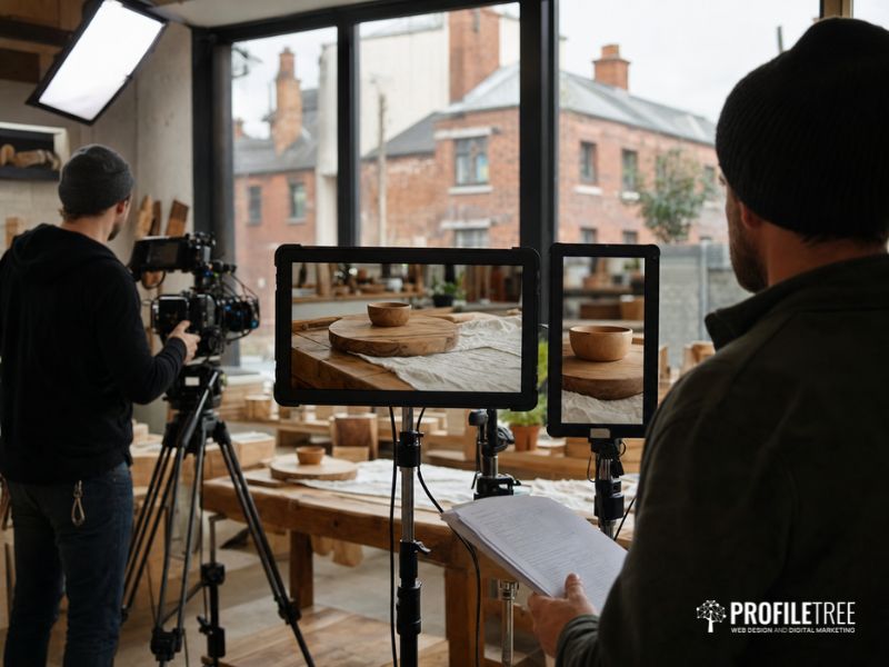 Camera crew filming a product advert in a Belfast workshop, with monitors showing widescreen and vertical framing