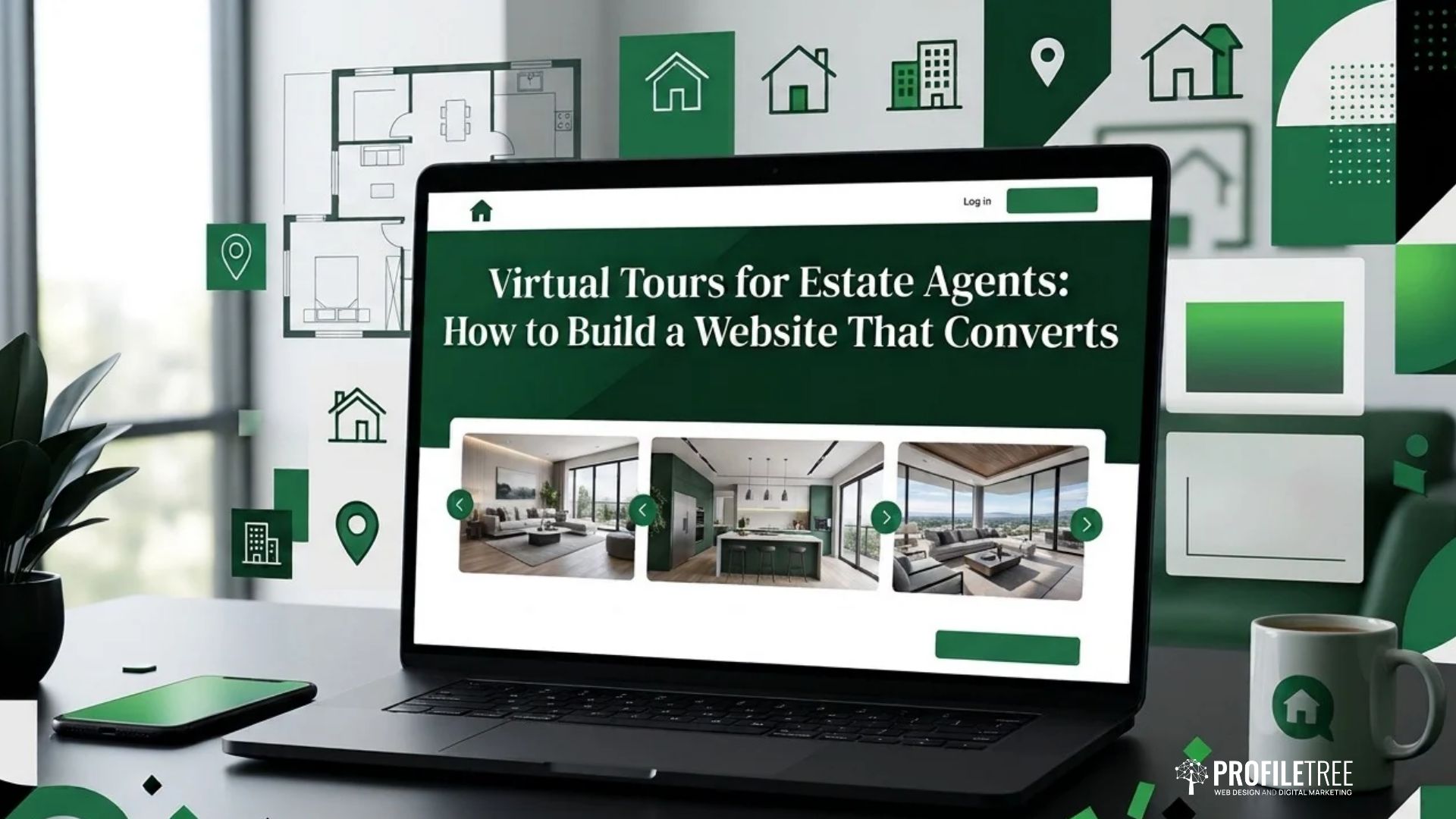 A laptop screen displaying a website titled Virtual Tours for Estate Agents: How to Build a Website That Converts, featuring interior property marketing images set against a green background with house and map icons.
