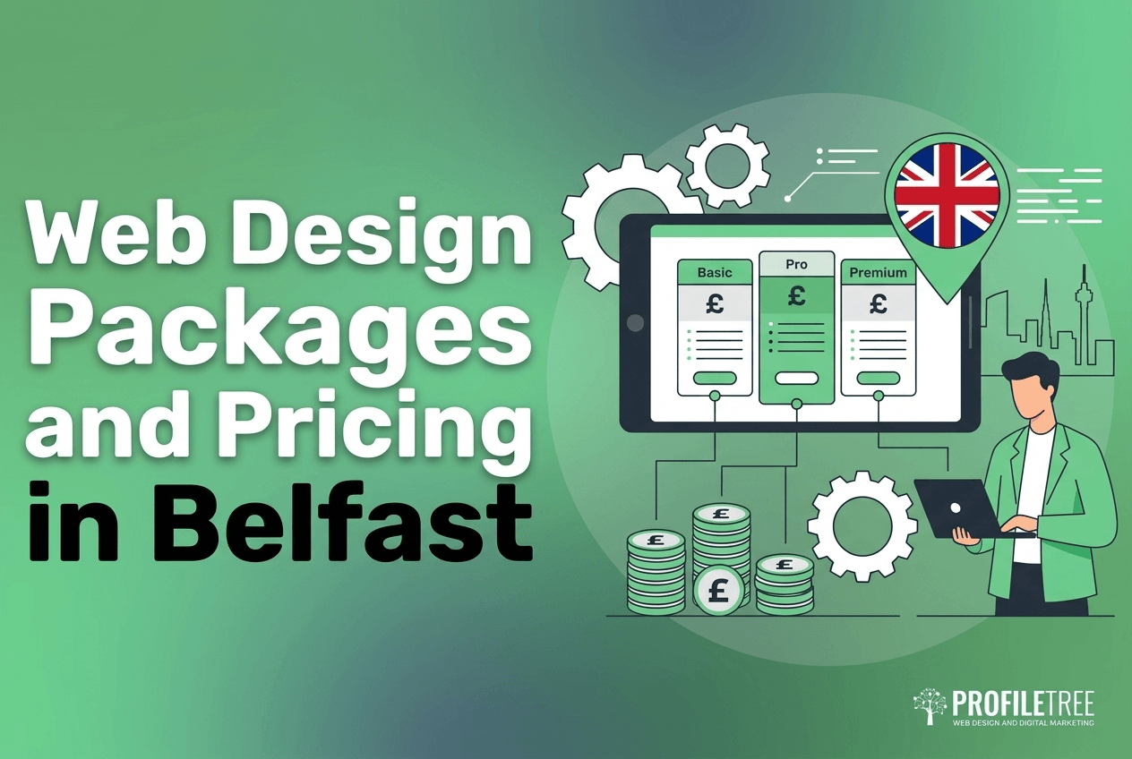 Infographic titled Web Design Packages and Pricing in Belfast, showing a tablet with three pricing tiers, a man with a laptop, and stacks of coins with the British pound symbol.