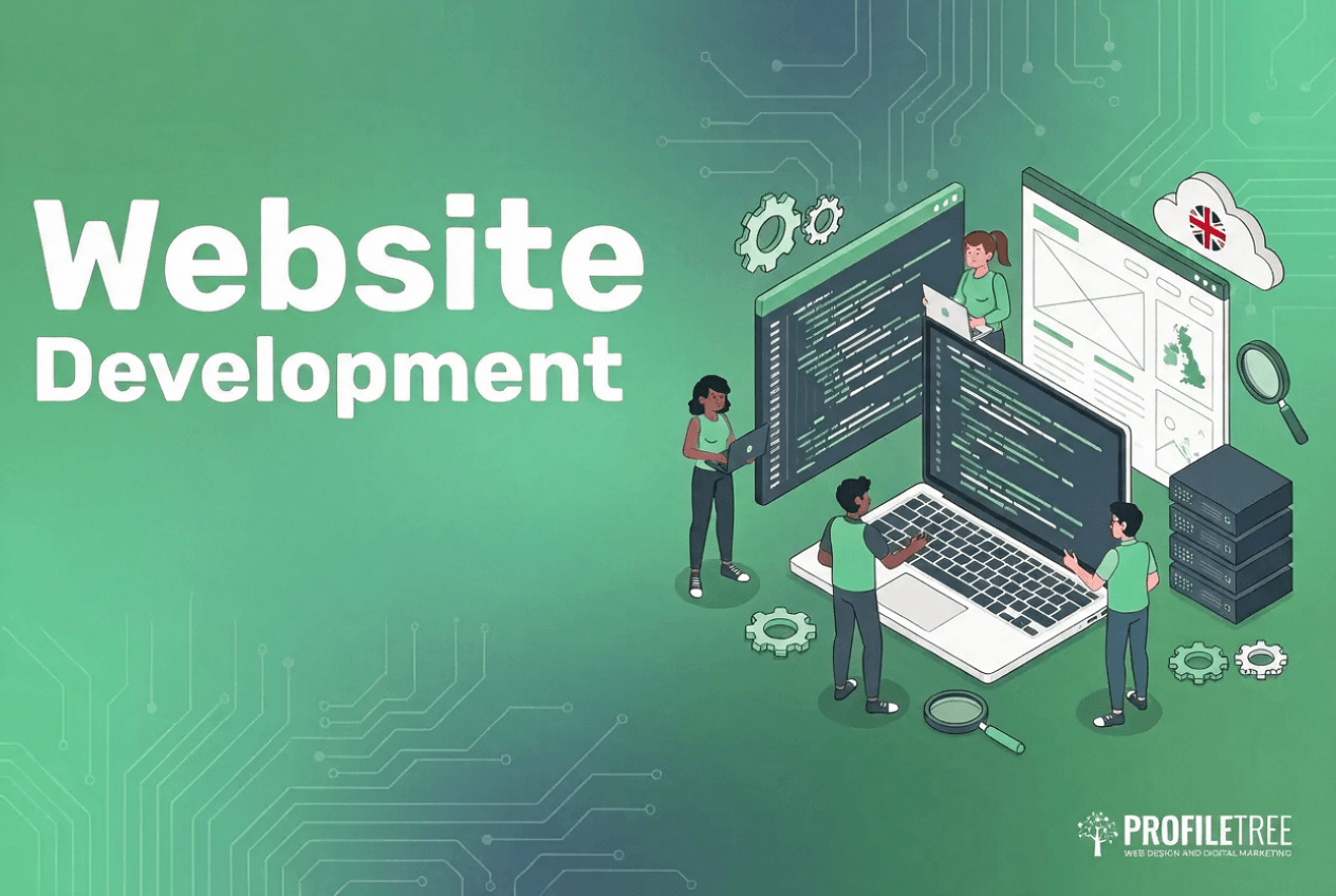 Illustration of four people working on a large laptop with code and web development screens, set against a green tech-themed background. Text reads Website Development. ProfileTree logo in the bottom right corner.